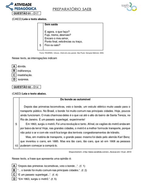 Questões Saeb Português 9 Ano