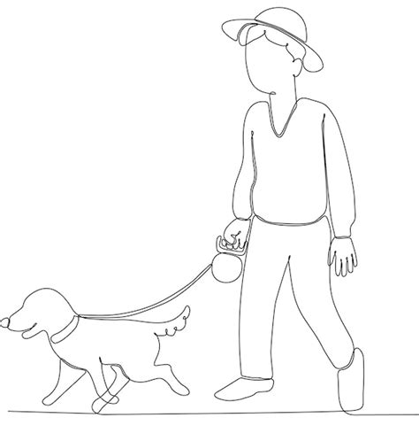 continuous   drawing  man holding dog leash  walking