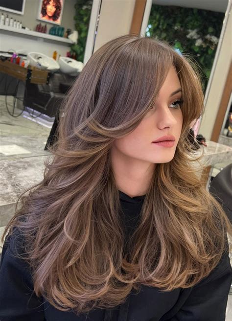 Ash Brunette Long Rounded Layers With Side Curtain Bangs