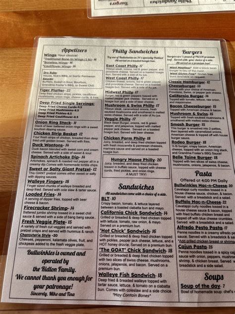 Menu at Bullwinkles on 34 pub & bar, Nevis