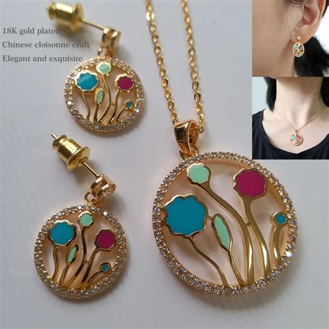 Exquisite Floral Enamel Jewelry Set Women Chinese Cloisonne Flower