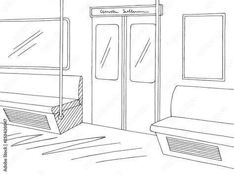 Train Interior Graphic Metro Subway Black White Sketch Illustration