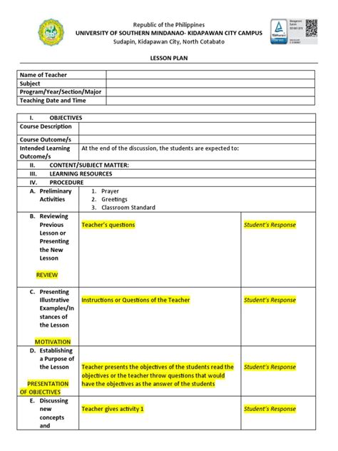 Lp Template Detailed Pdf Lesson Plan Teachers