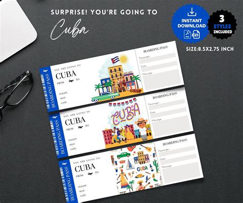 Printable, Editable CUBA Surprise BOARDING Pass TICKET, Trip Ticket to