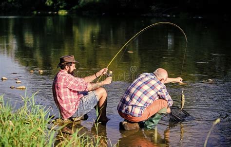 Fly Fish Hobby Of Men Retirement Fishery Happy Fishermen Friendship Retired Father And Mature