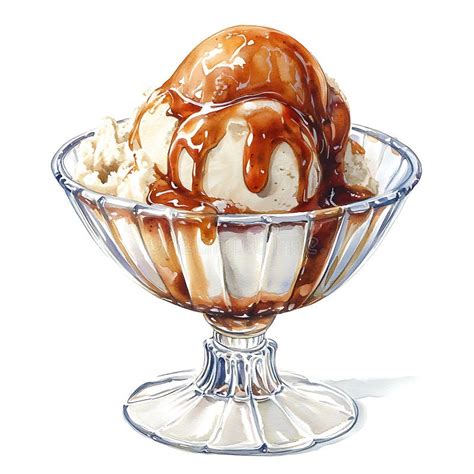 watercolor ice cream sundae  caramel sauce stock illustration
