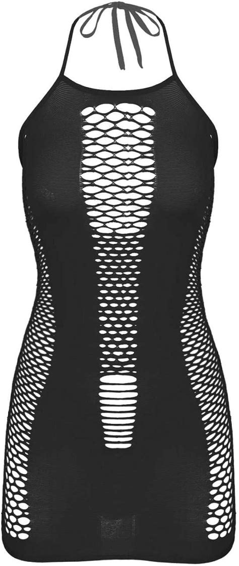 Yizyif Women S Extreme Fishnet Lingerie Plus Size Mesh Hole Halterneck Chemise Babydoll Mini