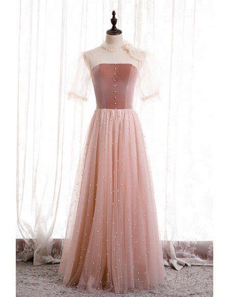 Retro Beaded Nude Pink Tulle Party Dress With Bow Knot Tulle Sleeves