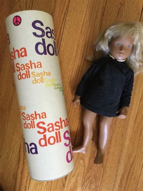 Vtg S Sasha Doll In Tube Blonde Hair Brown Skin Navy Corduroy Made In England