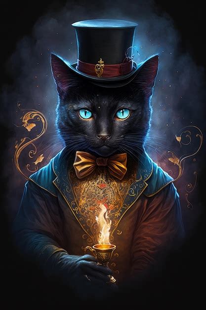 Premium Photo Black Cat Wearing Top Hat And Holding Cup With Flame In