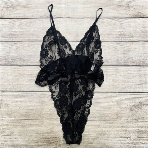 Vintage Barbizon Black High Cut Teddy Bodysuit Lingerie S Floral Lace Sz M