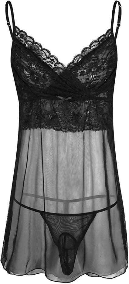 ACSUSS Men S 2 Piece Sissy Lingerie Floral Lace Pouch Panties Nightwear Crossdress Pajama Black