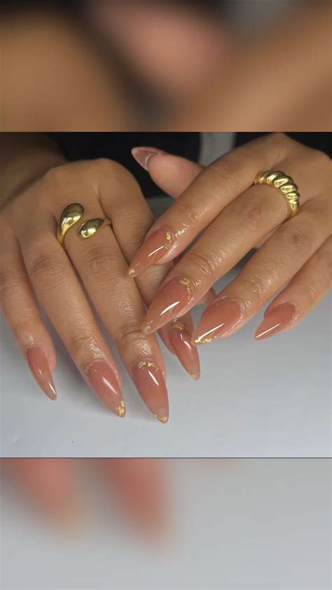 Almond Nude Nails With Gold Gold Acrylic Nails Gold Nails Gold Nail