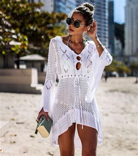 10 Colors Crochet Horn Sleeve Mesh Bikini Cover Beach Dress For Vacation China Beach Dresses