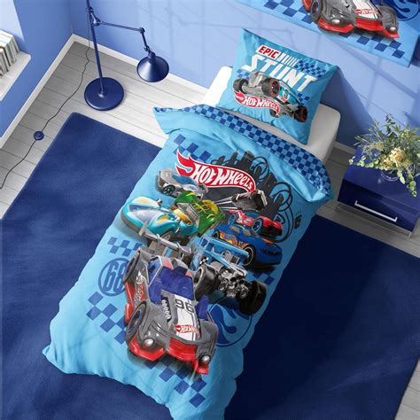 Hot Wheels 2 Pcs Single Duvet Cover Epic Stunt Design Official Reversible Bedding Set With