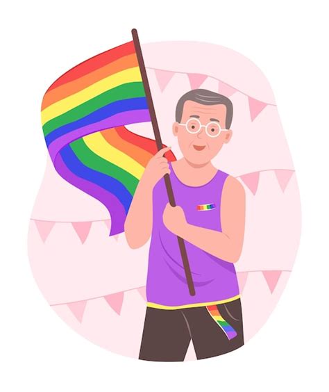 Hombre gay anciano sosteniendo la bandera del arco iris LGBT para la celebración del orgullo gay