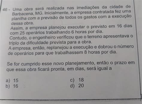 Uma Obra Sera Realizada Nas Imediações Da Cidade De Barbacena - Solved: 46 - Uma obra serárealizada nas imediações da cidade de ...