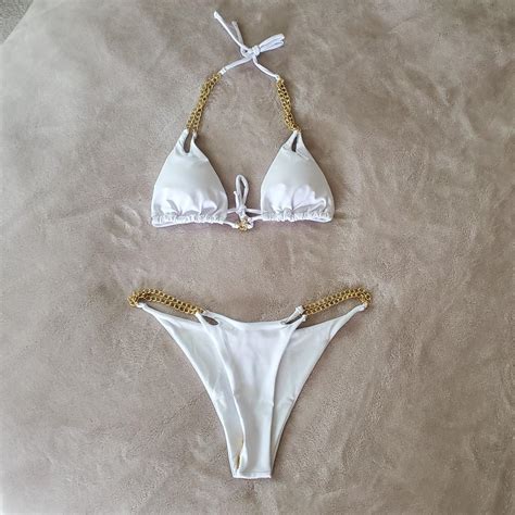 White Bikini With Gold Chain Detailing Never Been Depop