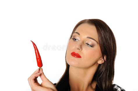 Beautiful Woman With Red Hot Chilli Pepper Stock Image Image Of Bite