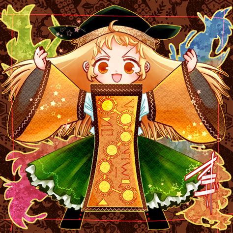 Matara Okina Touhou Commentary Request Girl Ahoge Arms Up Black Boots Black Hat Blonde