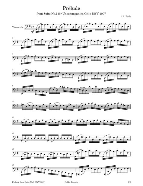 Prélude From Suite No1 For Unaccompanied Cello Bwv 1007 J S Bach Sheet Music For Cello