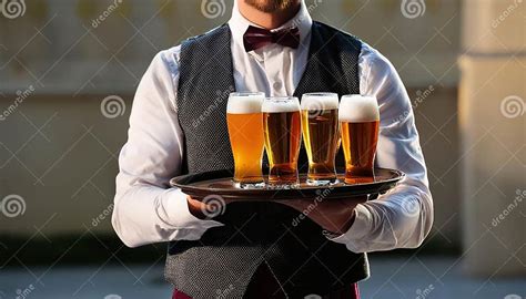 waiter serving beer   tray stock illustration illustration