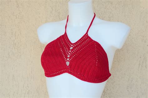 Bikini Top Crochet Bohemian Outfits Sexy Strawberry Color Topcrop
