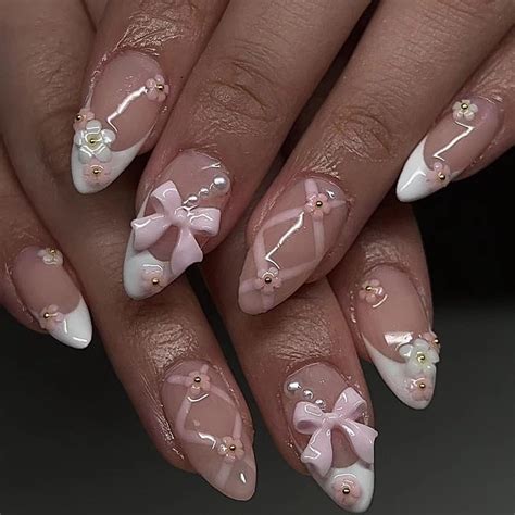 Mouyouglow Press On Nails Kurz Almond Nude Wei French D Bow Schleife Blumen Floral Pearl Sweet