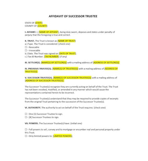 Affidavit Of Successor Trustee Form Affidavit Of Successor Form Template Editable Affidavit