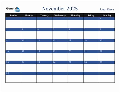November 2025 Monthly Calendar with South Korea Holidays