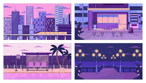 Dusk city life lo fi aesthetic wallpapers set. Urban storefront, bus ...