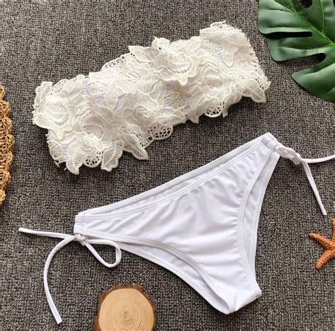 Sexy Women Bikini Set Solid White Lace Bandage Push Up Padded Swimwear Swimsuit Bathing