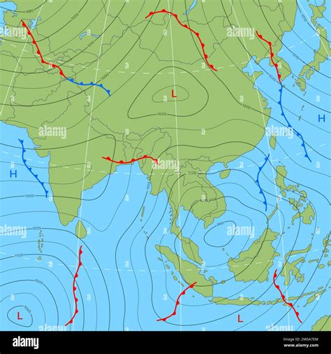 Forecast weather isobar map of Asia with wind fronts and temperature ...