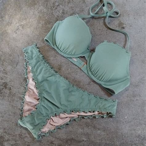 Shade Shore Swim Shade Shore Ruffle Bikini Set C Ruched Bottoms M Olive Green Cheeky