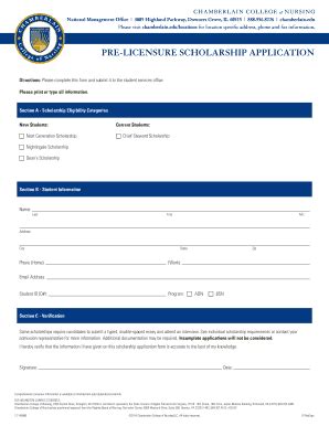 Fillable Online Chamberlain Pre Licensure Scholarship Application