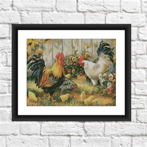 Roosters Pdf Counted Cross Stitch Pattern Country Birds Etsy