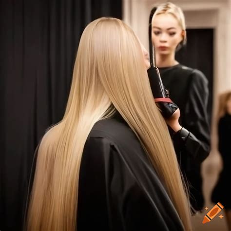 Blonde Model Getting Her Long Straight Hair Trimmed By A Stylist While Backstage At A Fashion