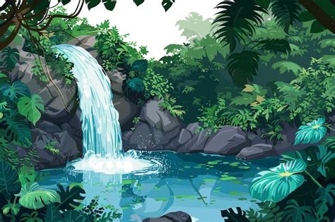 Tropical Waterfall Cascade Illustration Vector Cartoon Isolated On