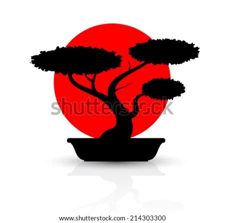 Silhouette Bonsai With Red Sun Vector Illustration Eps Stock Vector