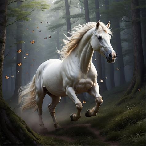 White Horse Running Through The Forest Premium Ai Generated Image