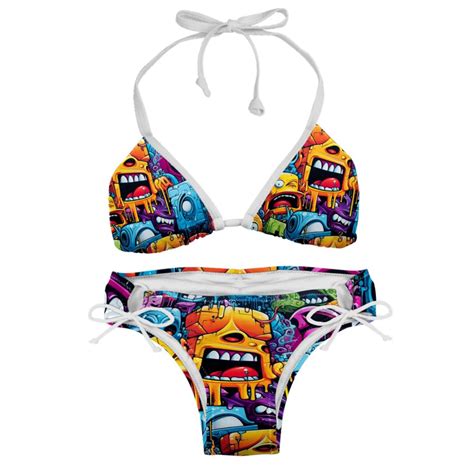 Graffiti One Piece Swimsuit Bikini Set Detachable Sponge Adjustable Strap Two Pack Beach