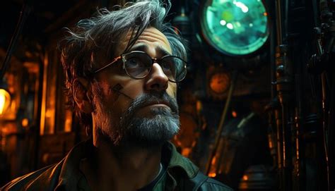 Premium AI Image Confident Mature Man With Beard And Mustache Wearing Eyeglasses Standing