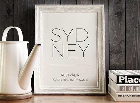 Sydney, Australia. City latitude longitude print in a minimalist design, the name of the city ...