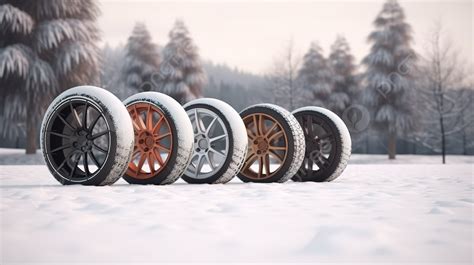 Winter Automobile Wheels In Snow Background 3d Render Five Car Wheels