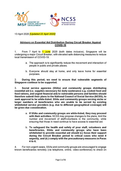 Advisory on Essential Aid Distribution During Circuit Breaker Against