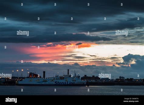 The Belfast To Birkenhead Ferry Being Loaded Up With Lorries At Dusk