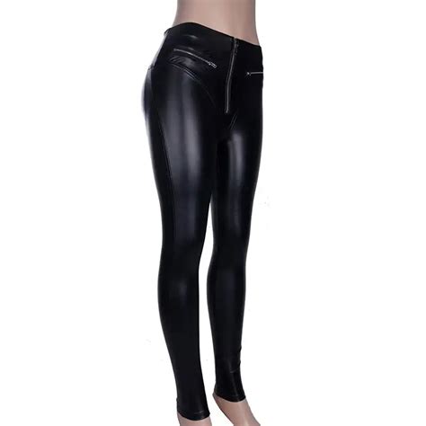 Women Sexy Leather Leggings With Front Zipper High Waist Push Up Slim