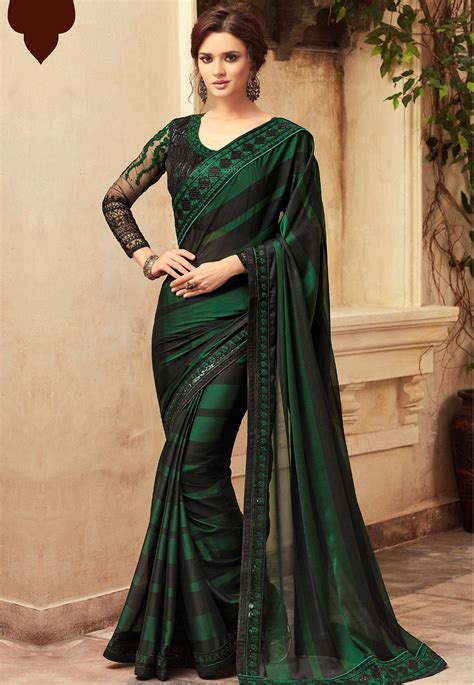 dark green satin georgette party wear saree  border  party