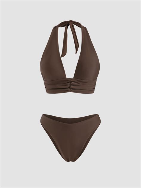 Solid High Cut Halter Bikini Set For Vacation