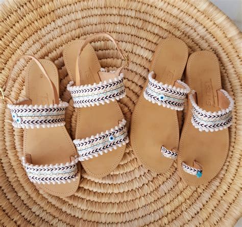 Boho Nude Sandals With Pom Pom Handmade Leather Sandals Etsy